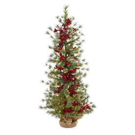 4' Berry and Pine Artificial Christmas Tree with 100 Warm White Lights and Burlap Wrapped Base