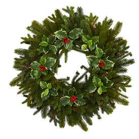 22" Pine, Pinecone and Variegated Holly Leaf Artificial Wreath