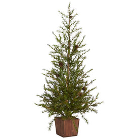 3' Alpine Natural Look Artificial Christmas Tree in Wood Planter with Pine Cones