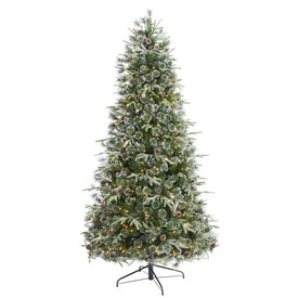 7.5' Snowed Tipped Clermont Mixed Pine Artificial Christmas Tree with 600 Clear LED Lights, Pine Cones and 1784 Bendable Branches