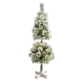 3' Flocked Artificial Christmas Tree Topiary with 50 Warm White LED Lights and Pine Cones