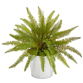 14" Fern Artificial Plant in Embossed White Planter