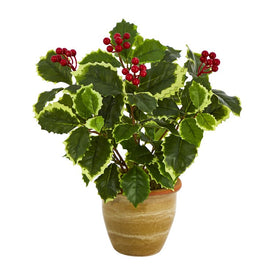 14" Variegated Holly Leaf Artificial Plant in Ceramic Planter (Real Touch