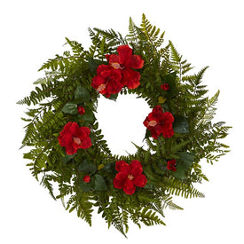 24" Mixed Fern and Hibiscus Artificial Wreath
