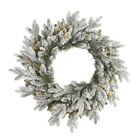 24" Flocked Artificial Christmas Wreath with 50 LED Lights