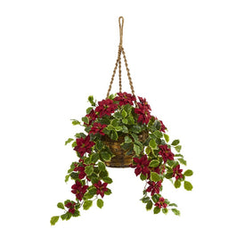 3.5' Poinsettia and Variegated Holly Artificial Plant in Hanging Basket (Real Touch