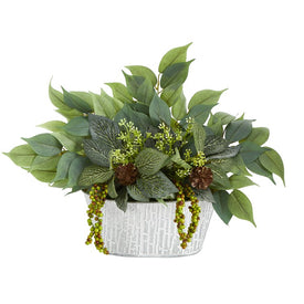 10" Mixed Ficus and Fittonia Artificial Plant in White Tin Planter
