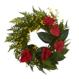 24" Mixed Fern, Anthurium and Forsythia Artificial Wreath