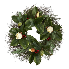 20" Cedar, Ruscus and Magnolia with Berries Artificial Wreath