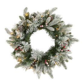 20" Flocked Mixed Pine Artificial Christmas Wreath with 50 LED Lights, Pine Cones and Berries