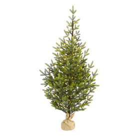 5' Fraser Fir Natural Look Artificial Christmas Tree with 200 Clear LED Lights, a Burlap Base and 853 Bendable Branches