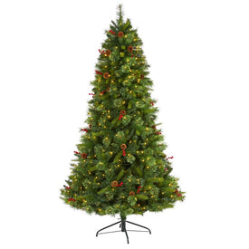7' Aberdeen Spruce Artificial Christmas Tree with 500 Clear LED Lights, Pine Cones and Red Berries