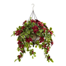 3' Poinsettia and Variegated Holly Artificial Plant in Metal Hanging Bowl (Real Touch