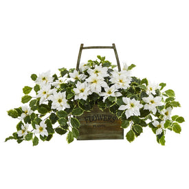 18" Poinsettia and Variegated Holly Artificial Plant in Vintage Decorative Basket (Real Touch