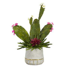 27" Cactus and Succulent Artificial Plant in Stoneware Planter with Gold Trimming