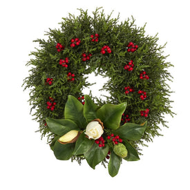 20" Cedar, Berries and Magnolia Artificial Christmas Wreath