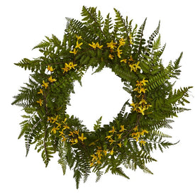 24" Mixed Fern and Forsythia Artificial Wreath