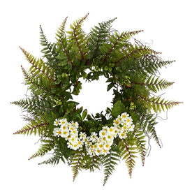 23" Assorted Fern and Daisy Artificial Wreath
