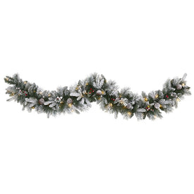 6' Flocked Mixed Pine Artificial Christmas Garland with 50 LED Lights, Pine Cones and Berries
