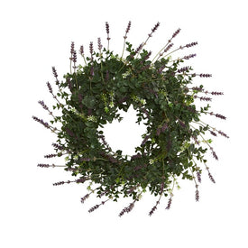 18" Eucalyptus and Lavender Double Ring Artificial Wreath with Twig Base