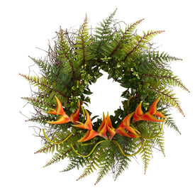 23" Assorted Fern and Mini Heliconia Artificial Wreath