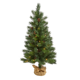 3' Fraser Fir Natural Look Artificial Christmas Tree with 50 Clear LED Lights, Pinecones, a Burlap Base and 90 Bendable Branches
