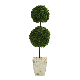 4' Boxwood Double Ball Artificial Topiary Tree in Country White Planter UV-Resistant (Indoor/Outdoor