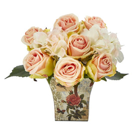 8" Rose and Hydrangea Bouquet Artificial Arrangement in Floral Vase