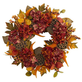 24" Fall Hydrangea, Lotus and Berries Artificial Wreath
