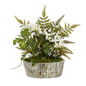 13" Orchid Phalaenopsis, Clover and Fern Artificial Plant in Weathered Oak Planter