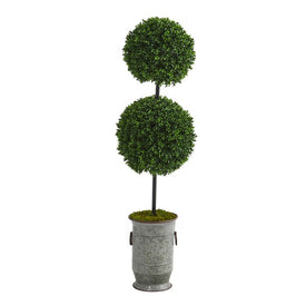 50" Boxwood Double Ball Artificial Topiary Tree in Vintage Metal Planter UV-Resistant (Indoor/Outdoor