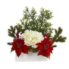 22" Poinsettia, Hydrangea and Boxwood Artificial Arrangement in White Vase