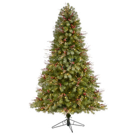 6.5' Lightly Frosted Big Sky Spruce Artificial Christmas Tree with 450 Clear (Multifunction LED Lights with Instant Connect Technology, Berries, Pine Cones and 904 Bendable Branches