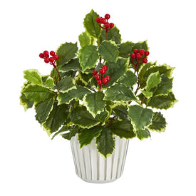 13" Variegated Holly Leaf Artificial Plant in White Planter with Silver Trimming (Real Touch