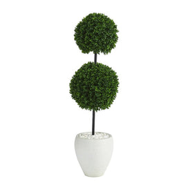 4' Boxwood Double Ball Artificial Topiary Tree in White Planter UV-Resistant (Indoor/Outdoor