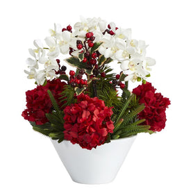 18" Phalaenopsis Orchid, Hydrangea, Cactus and Holly Berry Artificial Arrangement in Vase