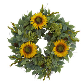 23" Mixed Greens and Sunflower Artificial Wreath