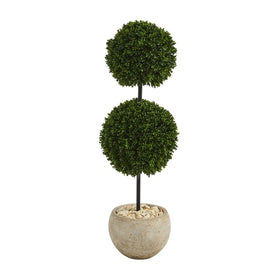 45" Boxwood Double Ball Artificial Topiary Tree in Sand Colored Planter UV-Resistant (Indoor/Outdoor