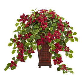 25" Poinsettia and Variegated Holly Artificial Plant in Planter (Real Touch
