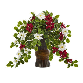 22.5" Poinsettia and Holly Artificial Plant in Decorative Planter (Real Touch