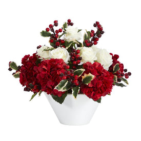 17" Rose, Hydrangea and Holly Berry Artificial Arrangement in White Vase