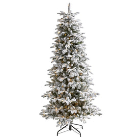 7' Flocked North Carolina Fir Artificial Christmas Tree with 550 Warm White Lights and 2090 Bendable Branches
