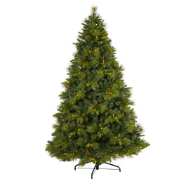 7.5' North Carolina Mixed Pine Artificial Christmas Tree with 470 Warm White LED Lights, 1895 Bendable Branches and Pinecones