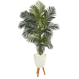 6' Golden Cane Artificial Palm Tree in White Planter with Stand