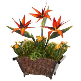 21" Bird of Paradise and Cactus Artificial Plant in Metal Planter