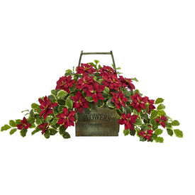 18" Poinsettia and Variegated Holly Artificial Plant in Vintage Decorative Basket (Real Touch