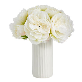 11" Peony Bouquet Artificial Arrangement in White Vase