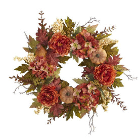24" Peony, Hydrangea and Pumpkin Fall Artificial Wreath