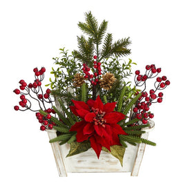 18" Poinsettia, Succulent and Berry Artificial Arrangement in Bench Planter
