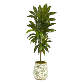 4' Dracaena Artificial Plant in Flower Print Planter (Real Touch